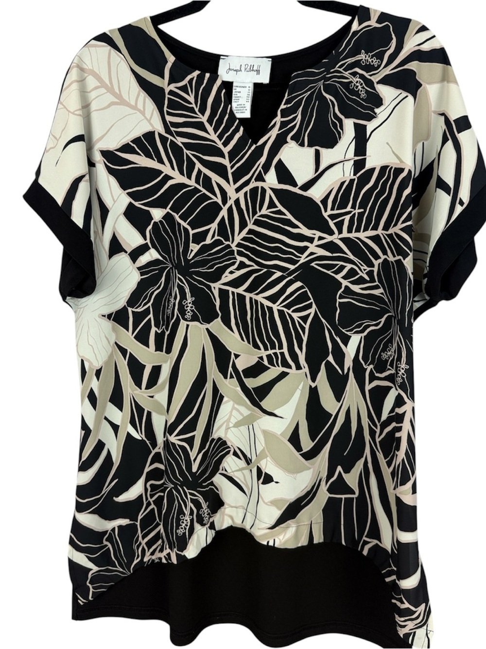 Joseph Ribkoff Tropical Floral Relaxed Fit High-Low Blouse Black Beige Size 10